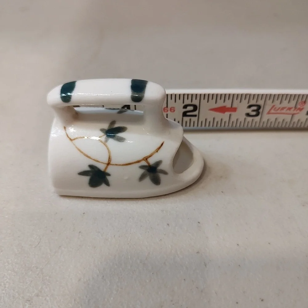 Vtg Miniature Iron Bone China Toothpick  Holder‎ Green Floral  2